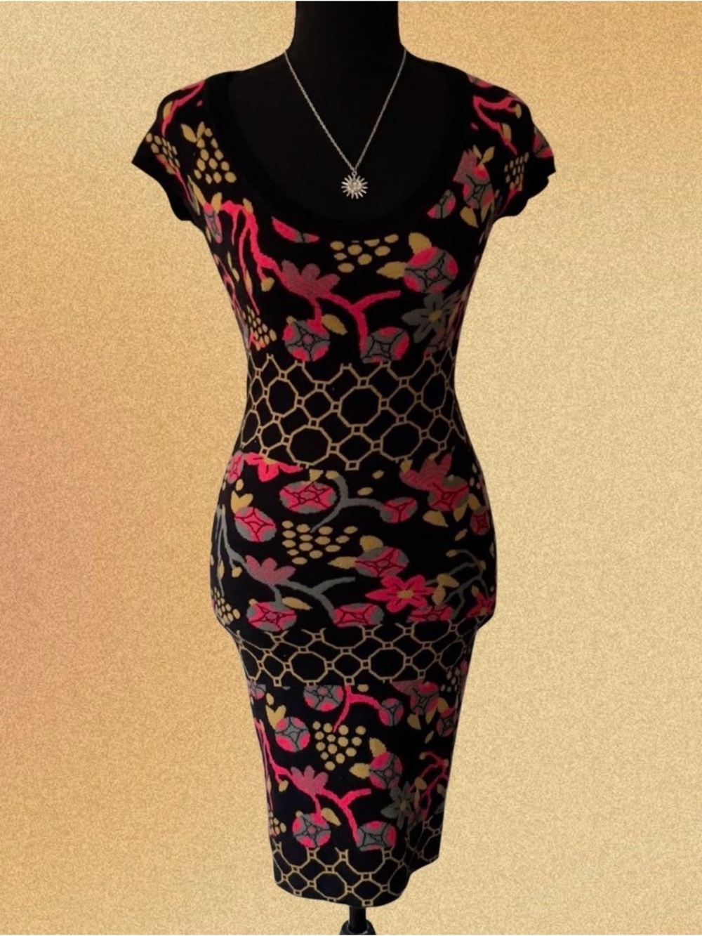 Black Floral-Print Bodycon Dress - Pink & Gold Accents
